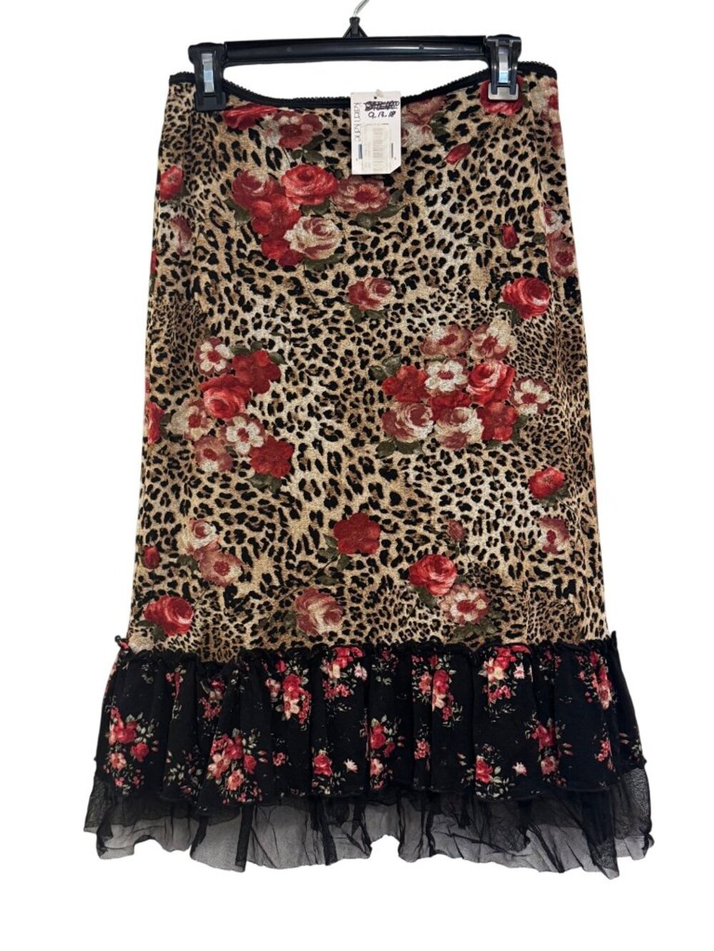 Karen Kane Leopard & Floral Print Midi Skirt With Ruffled Hem Size M Womens